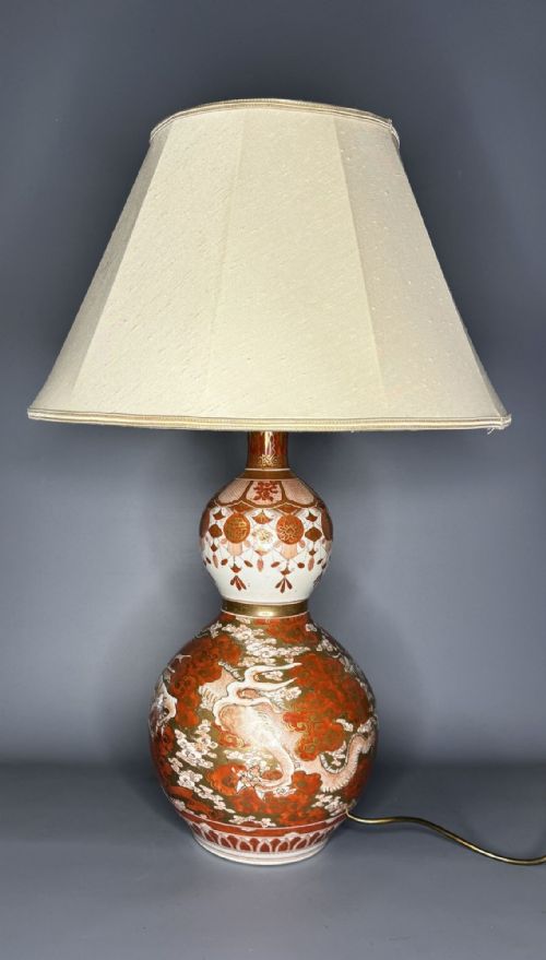 19th Century Japanese Kutani Double Gourd Vase Lamp