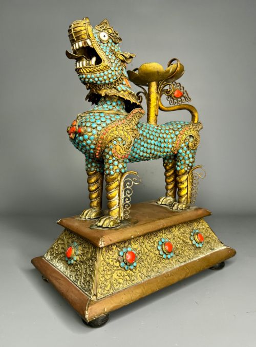 Tibetan Gilt-metal Lion Vessel Inset with Turquoise and Coral Jeweling