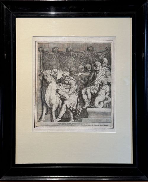 fig 1. A framed black and white etching featuring classical figures and a bull within an ebonised wooden frame.