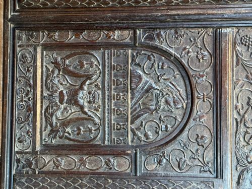 fig 1. 16th Century Romaine Carved Oak Portrait Panel dated 1563