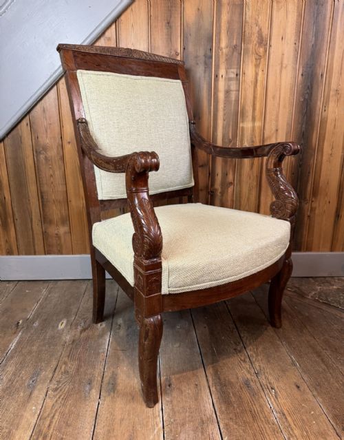 Antique French Mahogany Empire Revival Open Armchair
