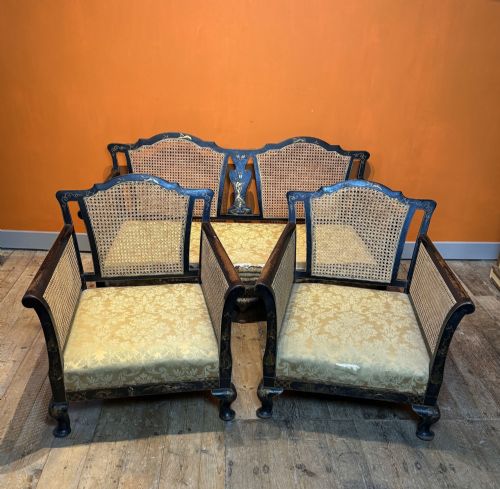 fig 1. Antique Edwardian Chinoiserie Decorated Walnut Three Piece Bergere Suite