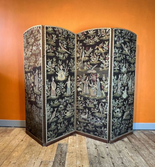 Chinoiserie Needlework Tapestry Four Fold Screen, 19th Century