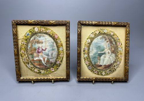 Pair of Georgian Paintings on Silk with Foliate Silkwork Borders