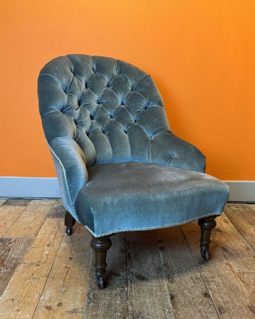Victorian Blue Velvet Button Back Armchair
