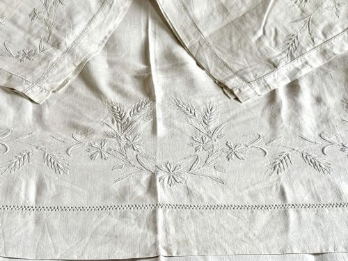 fig 1. Antique French Embroidered Linen Double Sheet & A Pair of Square Pillowcases