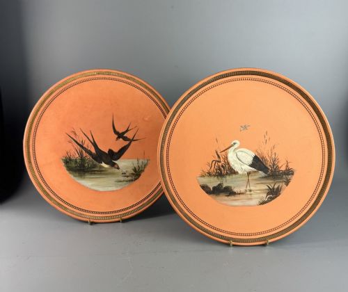 PAIR OF VICTORIAN TORQUAY TERRACOTTA HAND PAINTED WALL PLAQUES