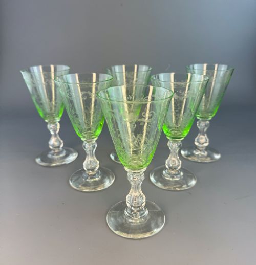 Set of Six Edwardian Engraved Lime Green Cut Glass Wine Glasses