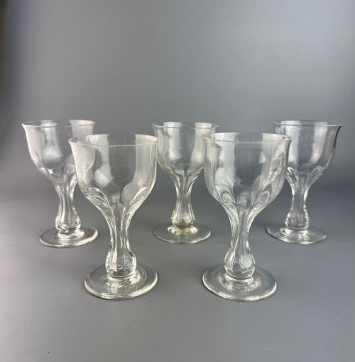 Set of Four Antique Hollow Stem Cut Glass Wine Glasses