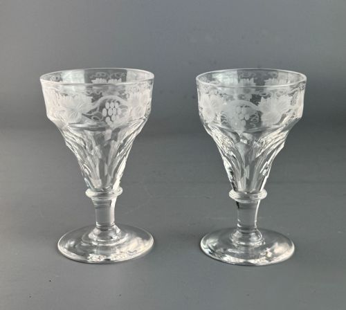 Pair of Victorian Vine Engraved Facet Cut Port or Sherry Glasses