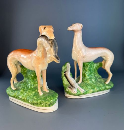 'HARES GRACES' LARGE PAIR OF VICTORIAN STAFFORDSHIRE GREYHOUNDS WITH HARES - ADDITIONAL PHOTO 1