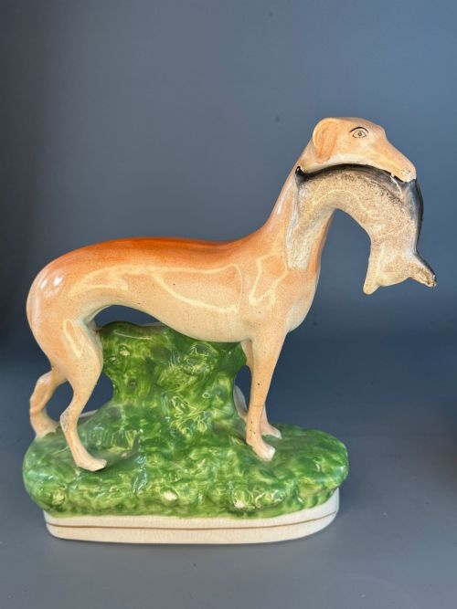 'HARES GRACES' LARGE PAIR OF VICTORIAN STAFFORDSHIRE GREYHOUNDS WITH HARES - ADDITIONAL PHOTO 2