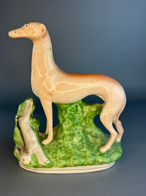 'HARES GRACES' LARGE PAIR OF VICTORIAN STAFFORDSHIRE GREYHOUNDS WITH HARES - ADDITIONAL PHOTO 3