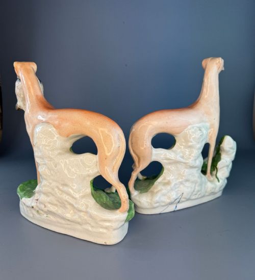 'HARES GRACES' LARGE PAIR OF VICTORIAN STAFFORDSHIRE GREYHOUNDS WITH HARES - ADDITIONAL PHOTO 4