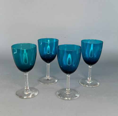Set of Four Victorian Wine Glasses with Blue Bowls