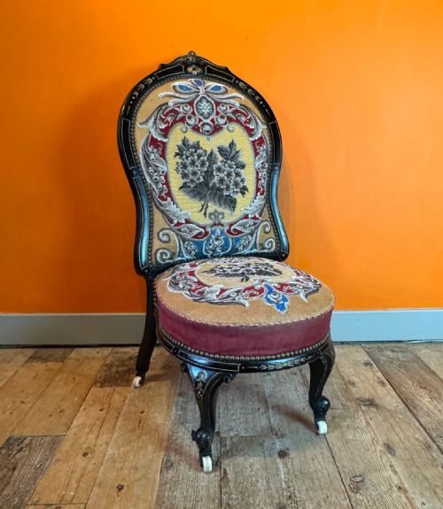 Victorian Beadwork Upholstered Ebonised Nursing Chair
