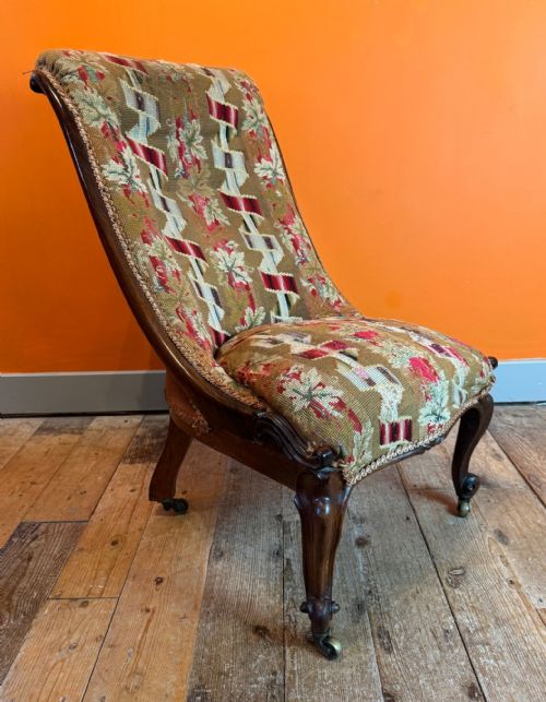 EARLY VICTORIAN TAPESTRY UPHOLSTERED SCROLL BACK OCCASIONAL CHAIR - ADDITIONAL PHOTO 1