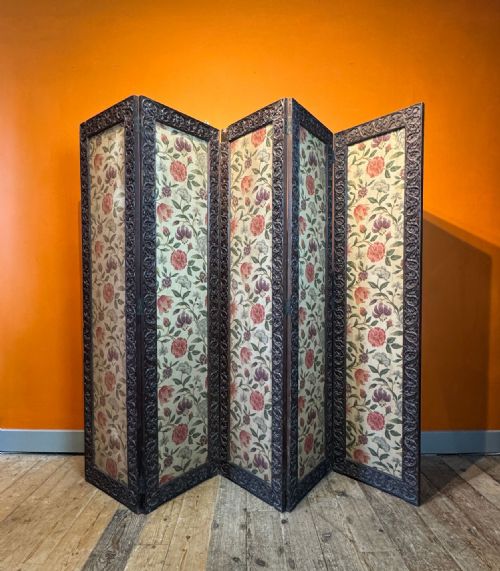 Antique Indian Carved Hardwood Five-fold Screen