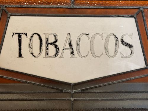 ANTIQUE CUT PAINTED GLASS TOBACCO SHOP WINDOW PANEL - ADDITIONAL PHOTO 1