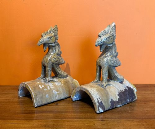 Pair of 19th Century Chinese Pale Celadon Glazed Phoenix Roof Tiles