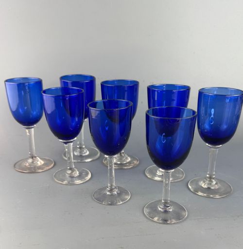 Set of Eight Victorian Wine Glasses with Cobalt Blue Bowls