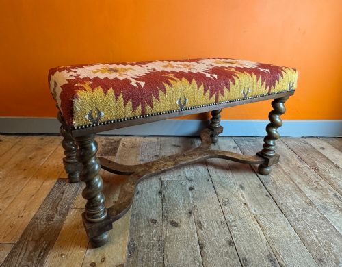 Antique Kelim Upholstered Stool with Burr-walnut Barley Twist Base