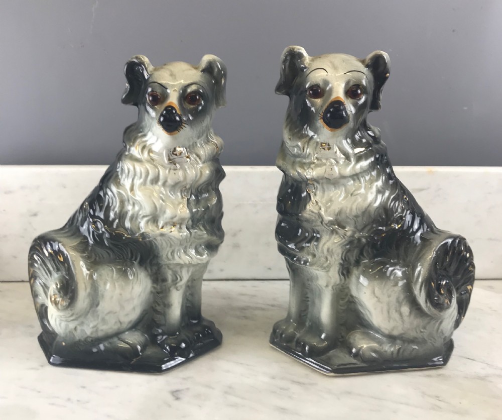 Pair of Scottish Boness Pottery Black & White  Spaniels Dogs of Staffordshire Dog type