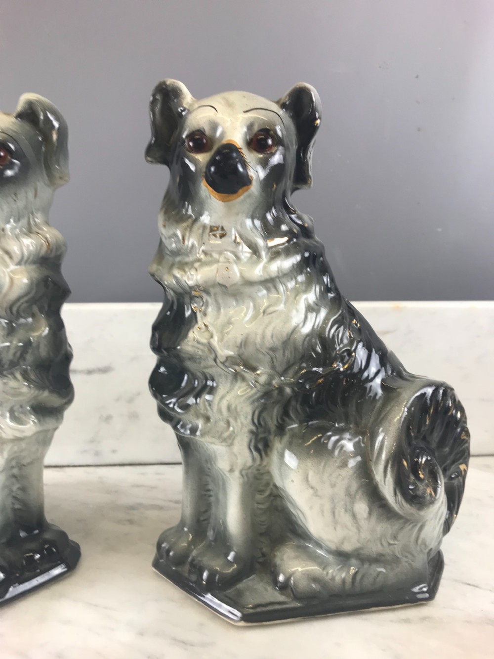 Pair of Scottish Boness Pottery Black & White  Spaniels Dogs of Staffordshire Dog type View II