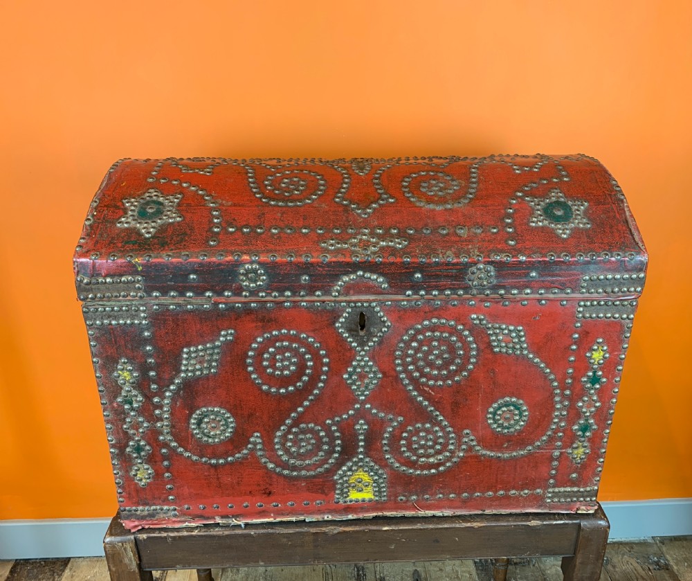Antique cloth covered carriage trunk with nailed studded decoration View III