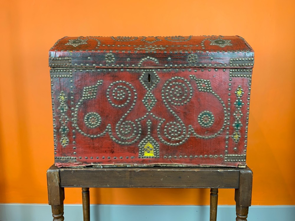 Antique cloth covered carriage trunk with nailed studded decoration View IV
