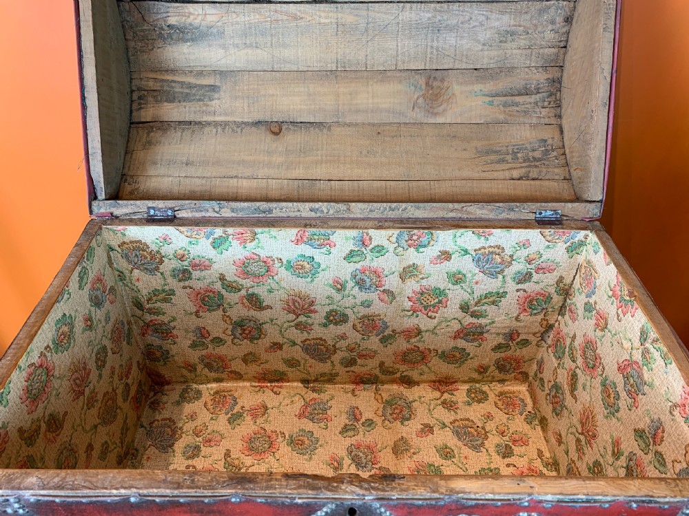 Antique cloth covered carriage trunk with nailed studded decoration View V