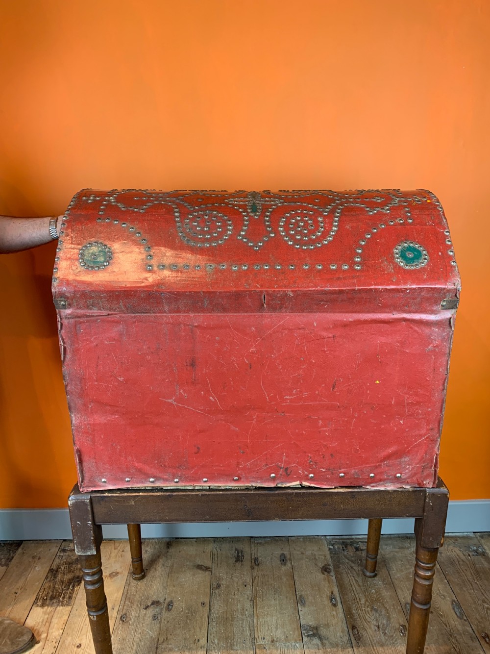 Antique cloth covered carriage trunk with nailed studded decoration View VII