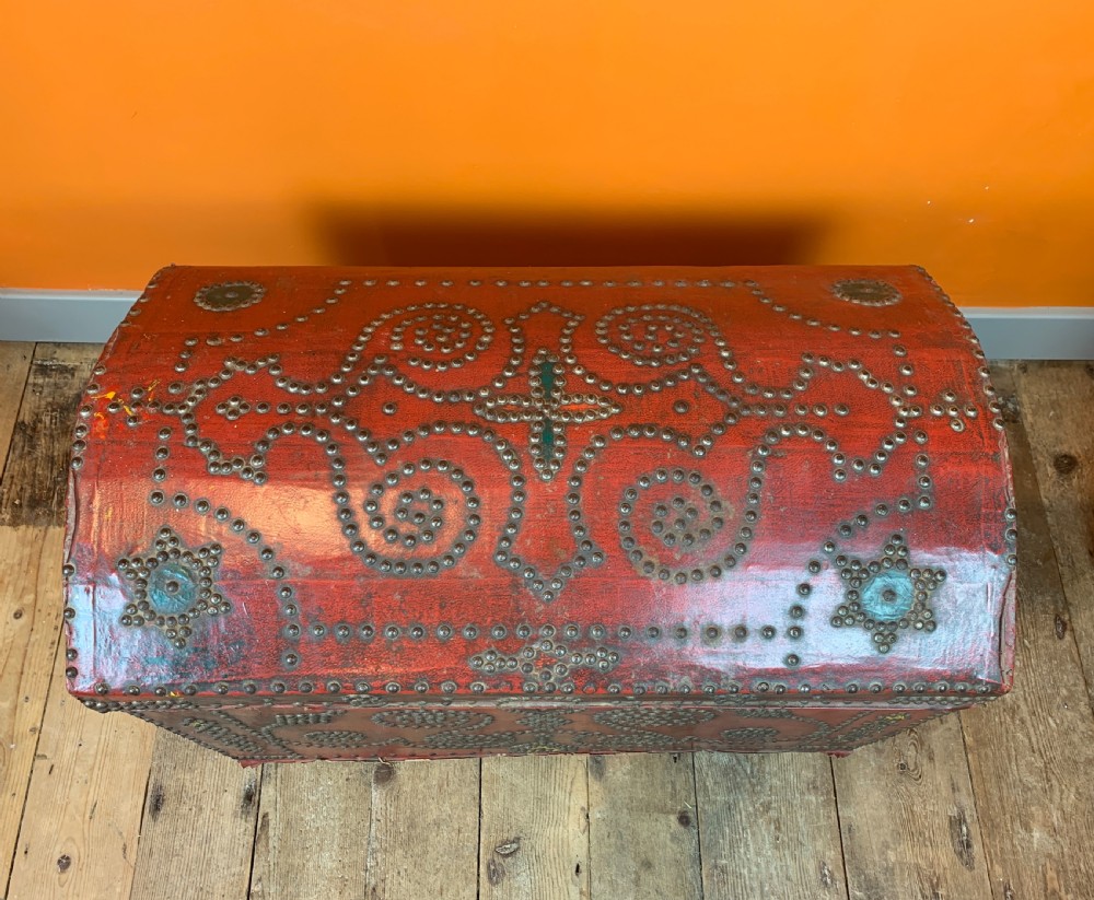 Antique cloth covered carriage trunk with nailed studded decoration View VIII