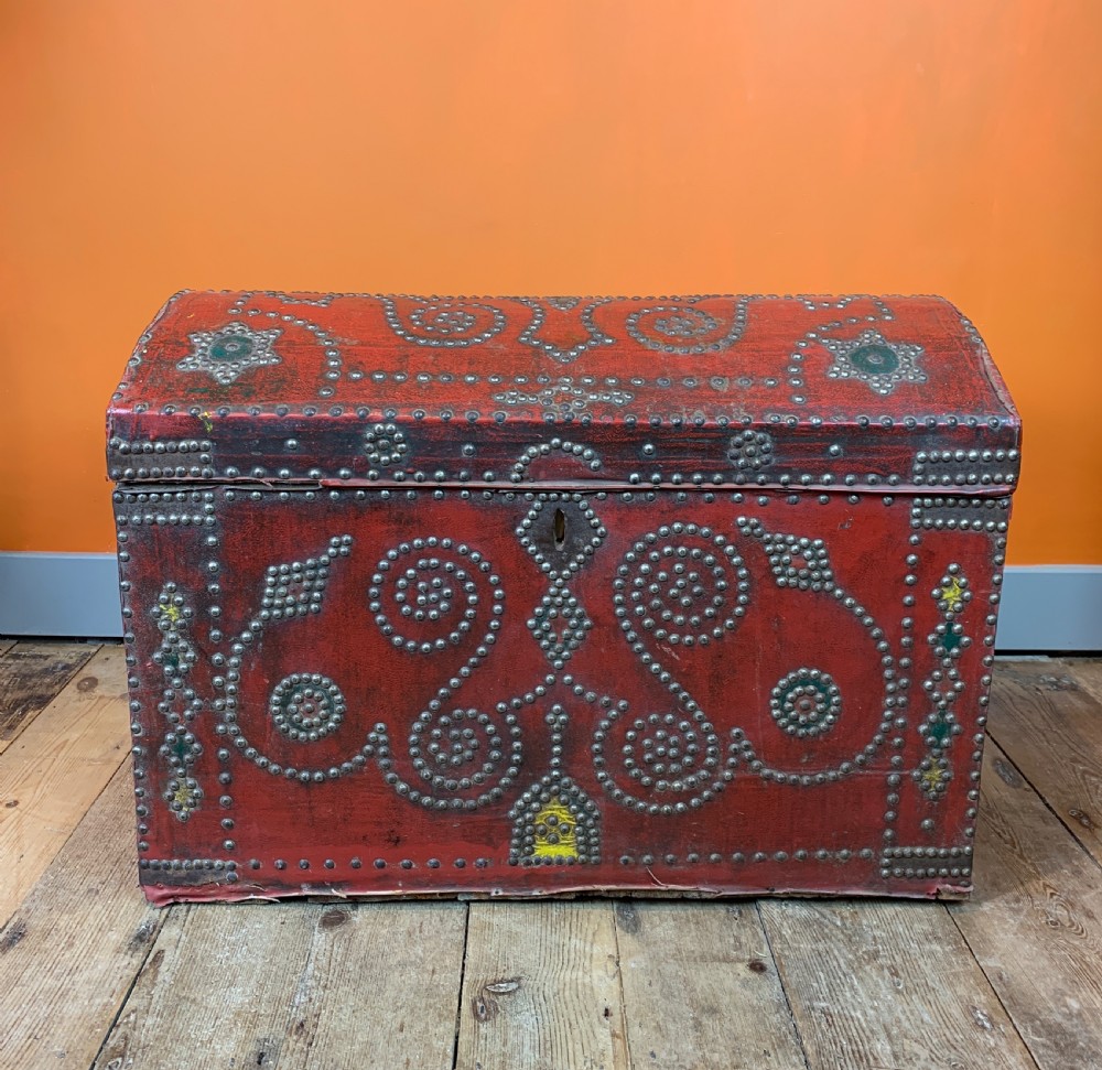 Antique cloth covered carriage trunk with nailed studded decoration View IX