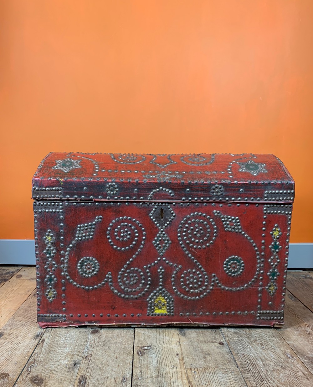 Antique cloth covered carriage trunk with nailed studded decoration View X