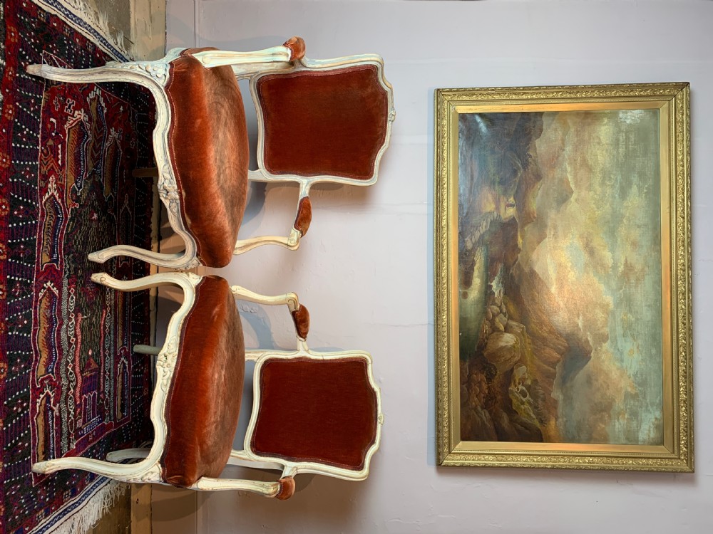 Pair of Antique French painted fauteuils in Louis XVI style with red velvet upholstery
 View III