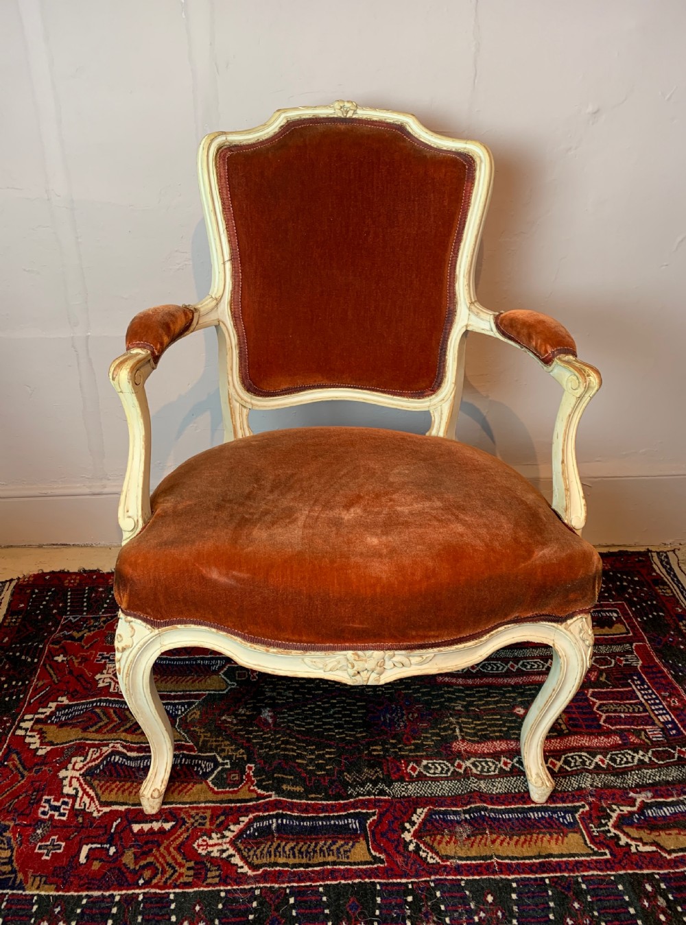 Pair of Antique French painted fauteuils in Louis XVI style with red velvet upholstery
 View IV