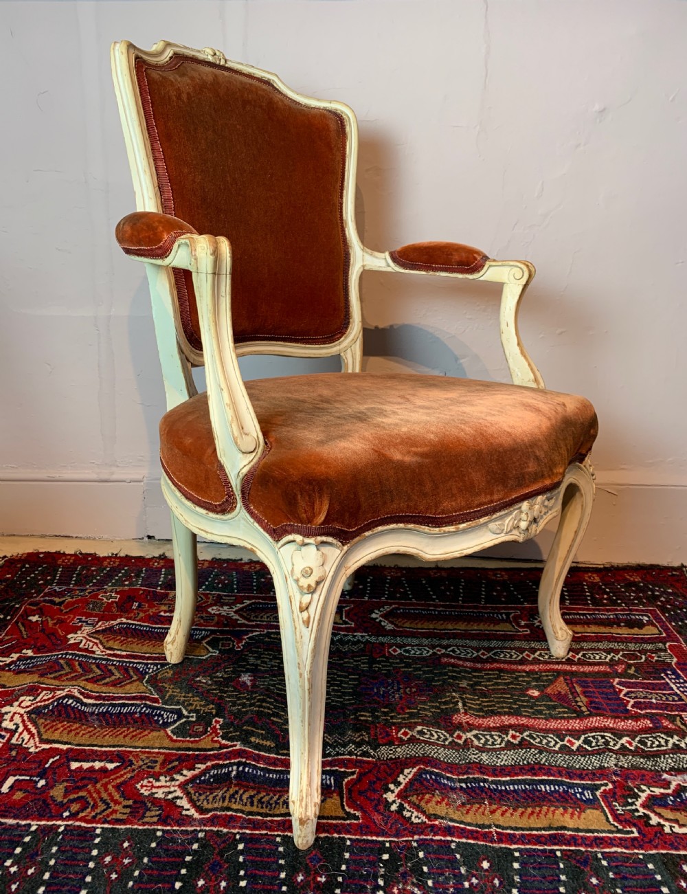 Pair of Antique French painted fauteuils in Louis XVI style with red velvet upholstery
 View V