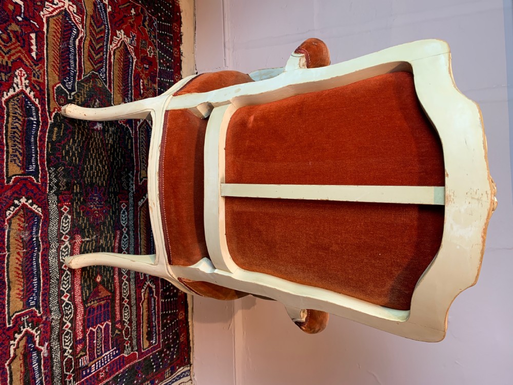 Pair of Antique French painted fauteuils in Louis XVI style with red velvet upholstery
 View VI
