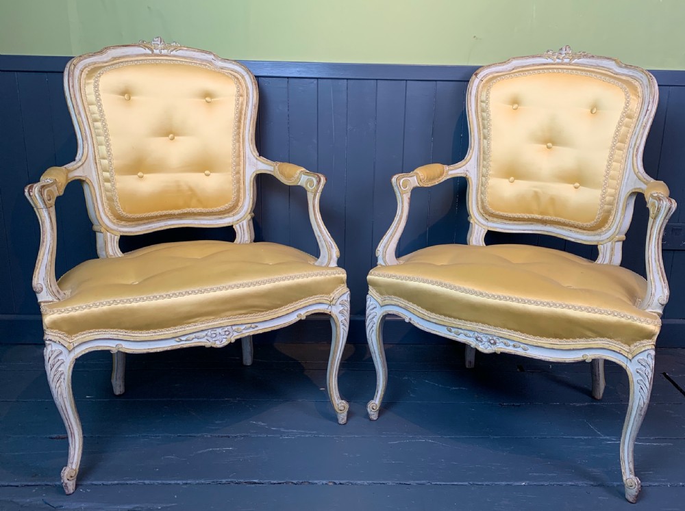 Pair of French Louis XV revival fauteuil armchairs with painted frames