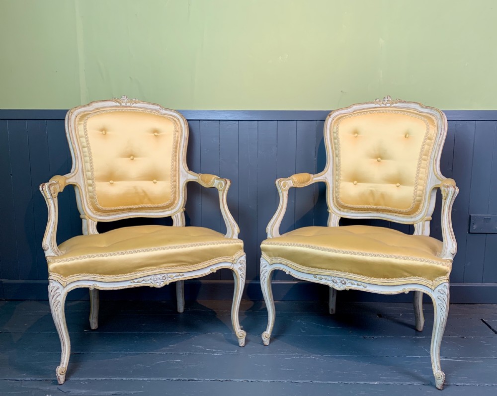 Pair of French Louis XV revival fauteuil armchairs with painted frames View II