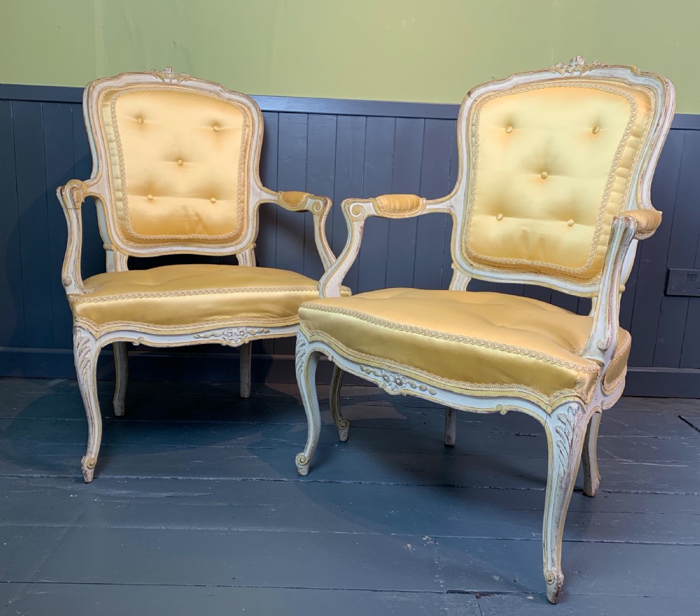 Pair of French Louis XV revival fauteuil armchairs with painted frames View III