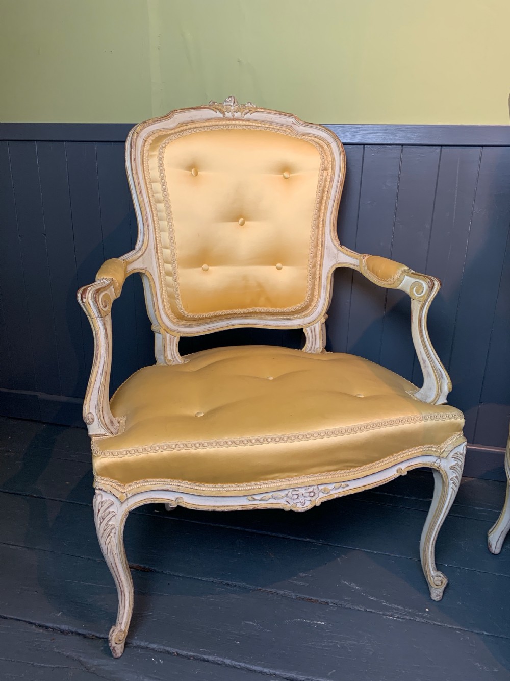 Pair of French Louis XV revival fauteuil armchairs with painted frames View IV
