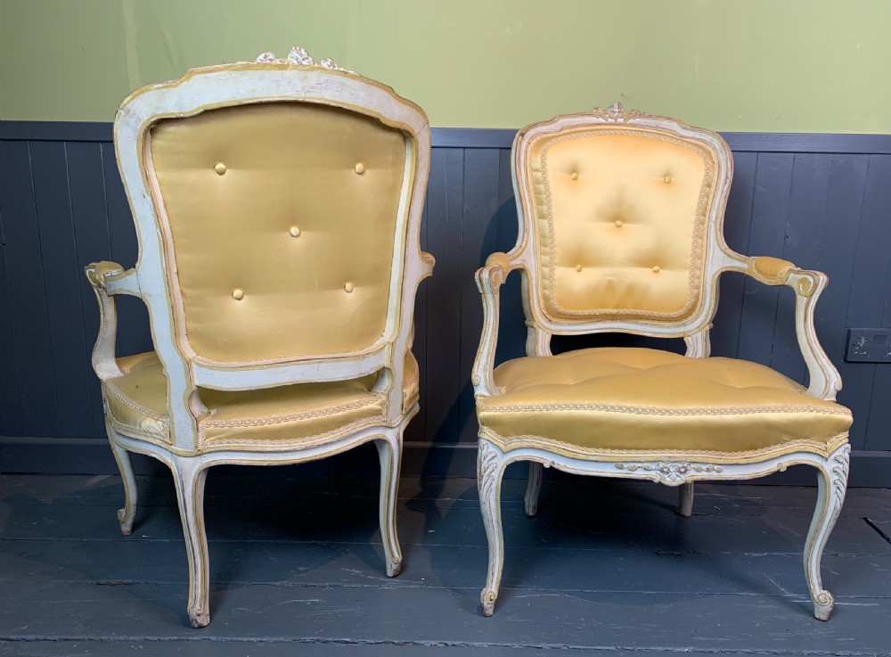 Pair of French Louis XV revival fauteuil armchairs with painted frames View V
