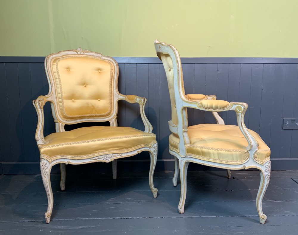 Pair of French Louis XV revival fauteuil armchairs with painted frames View VI