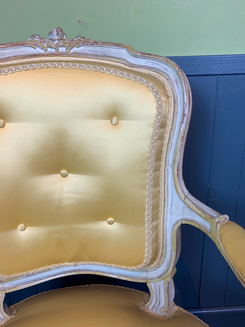 Pair of French Louis XV revival fauteuil armchairs with painted frames View IX