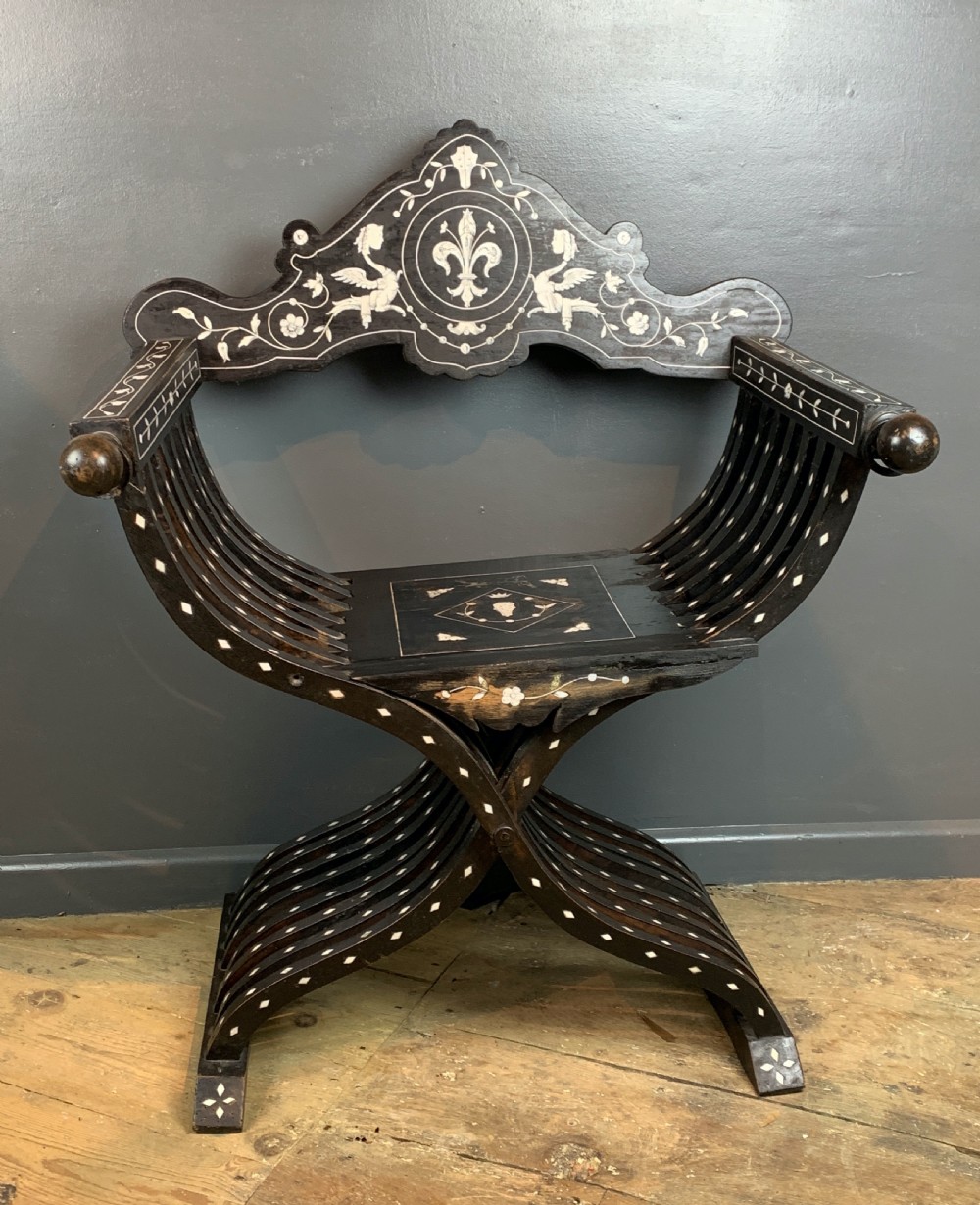 Antique Florentine Italian Ebonised & Inlaid Savonarola Chair View III
