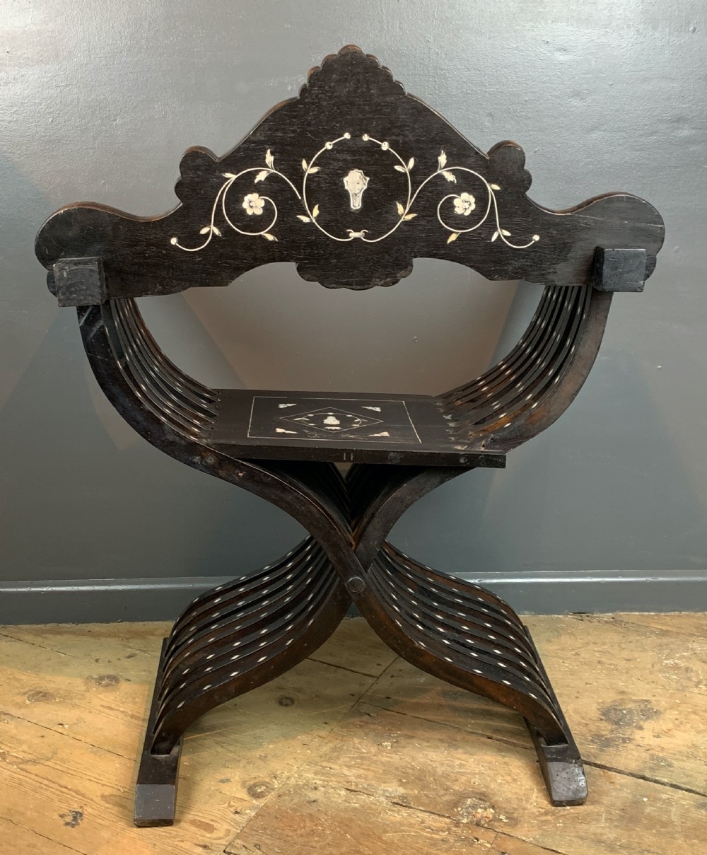 Antique Florentine Italian Ebonised & Inlaid Savonarola Chair View VII