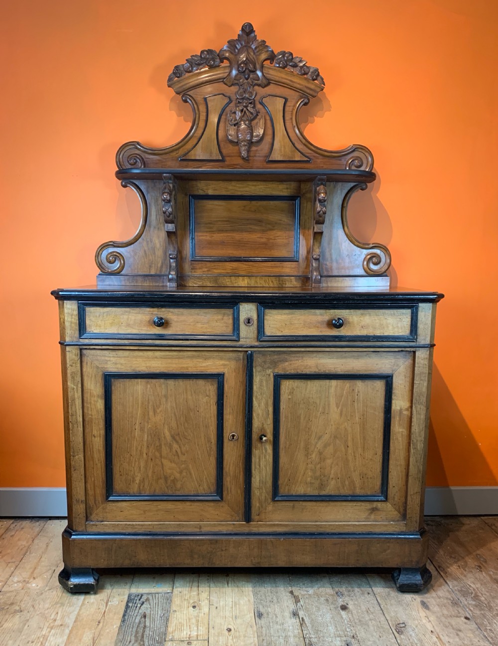 Continental / French carved walnut and ebonised buffet View II