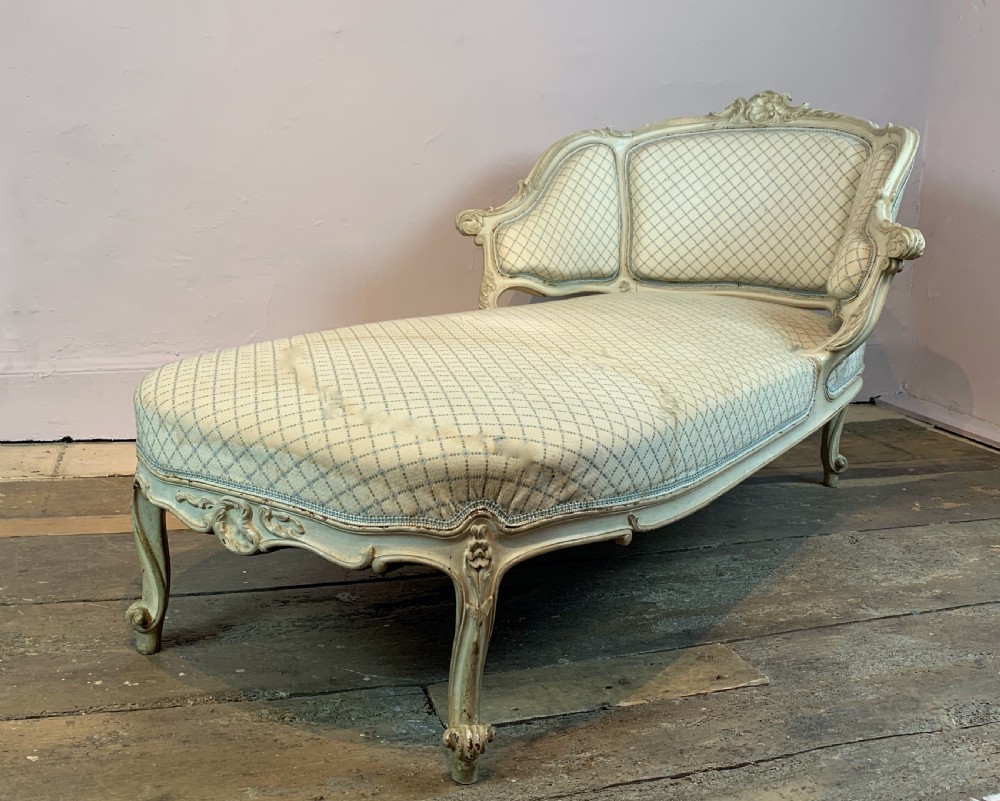 Antique French Louis XV style carved and painted chair-back chaise longue